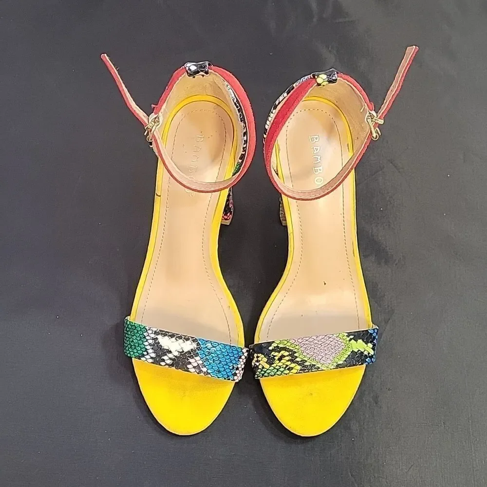 BAMBOO OPEN TOE TWO PIECE SNAKESKIN CHUNKY HEEL SANDAL